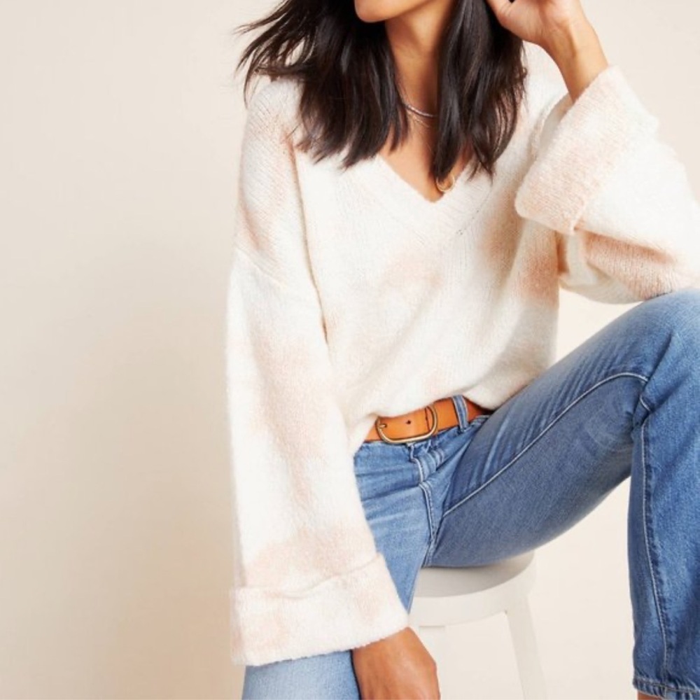 Anthropologie V Neck Bell Sleeve Sweater Sz XS Oversized Boxy Tie Dye Cozy Warm
